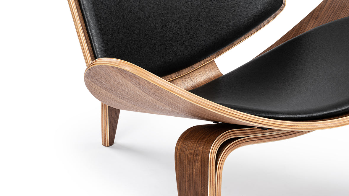 Shell - Wegner Shell Lounge Chair, Deep Black Vegan Leather and Walnut