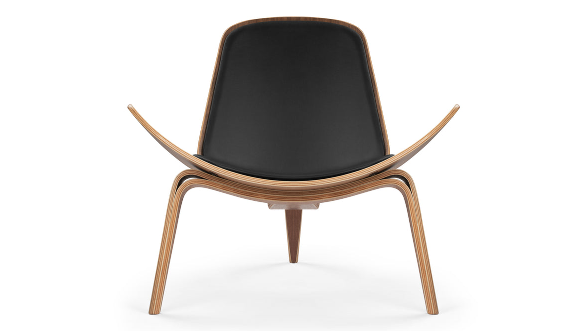 Shell - Wegner Shell Lounge Chair, Deep Black Vegan Leather and Walnut