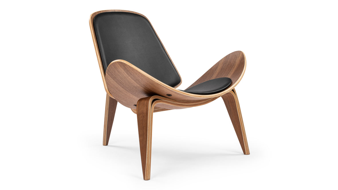 Shell - Wegner Shell Lounge Chair, Deep Black Vegan Leather and Walnut