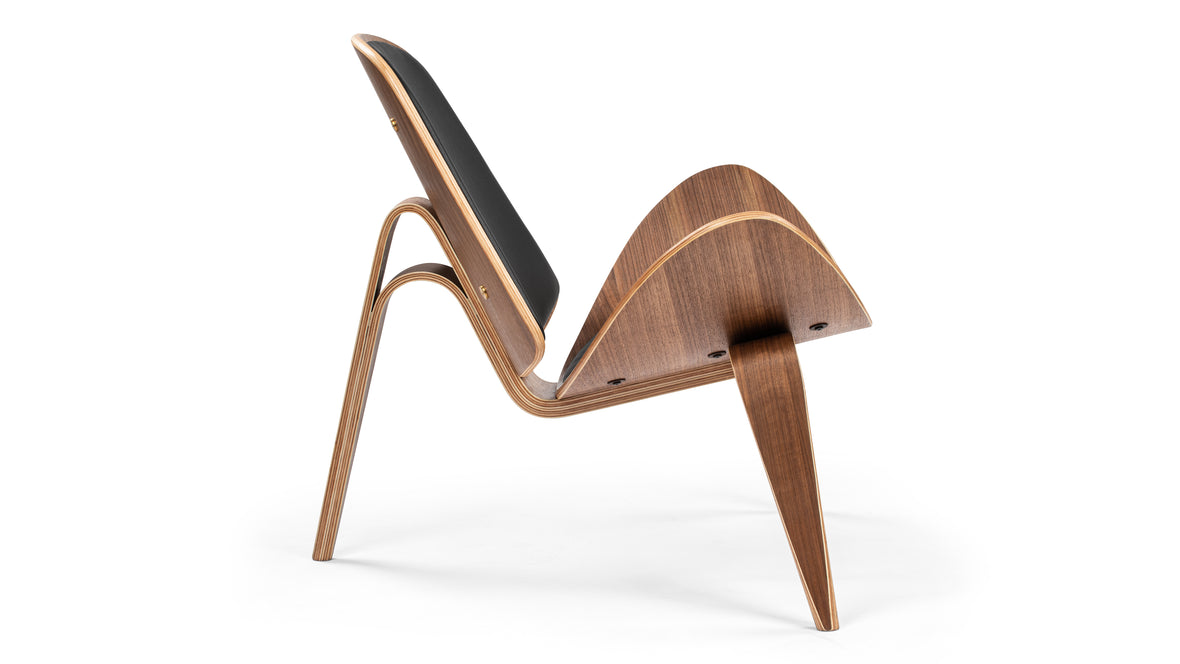 Shell - Wegner Shell Lounge Chair, Deep Black Vegan Leather and Walnut