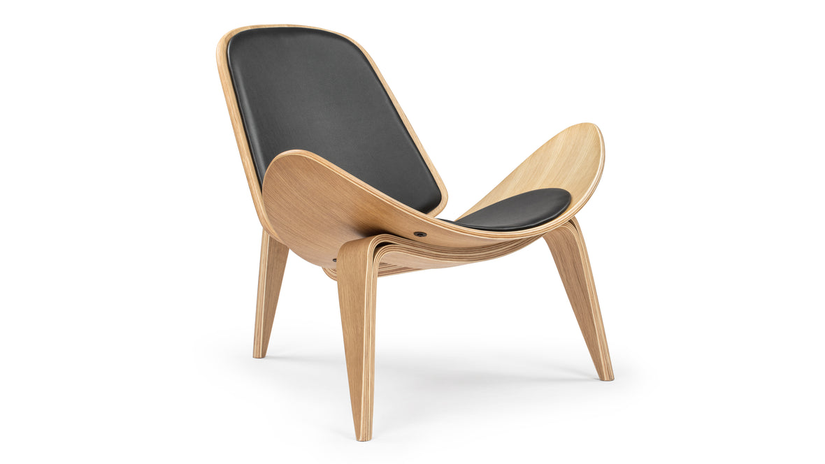 Shell - Wegner Shell Lounge Chair, Deep Black Vegan Leather and Oak