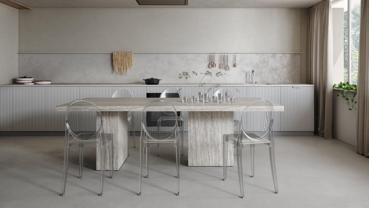 Enzo - Enzo Dining Table, Silver Travertine, 98in