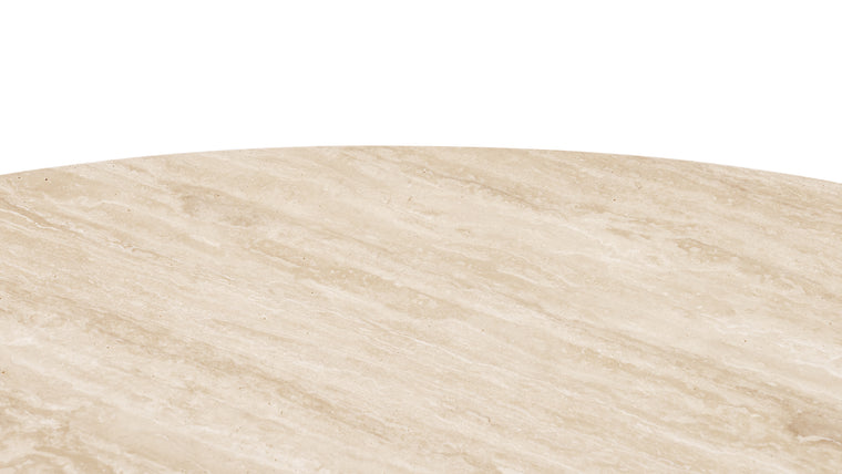 Natural Travertine | Made from honed natural Italian travertine, this beautiful contemporary table makes a stunning centrepiece. Featuring a moon-like circular top and a reeded pedestal base, it is a great choice for considered, modern homes.
