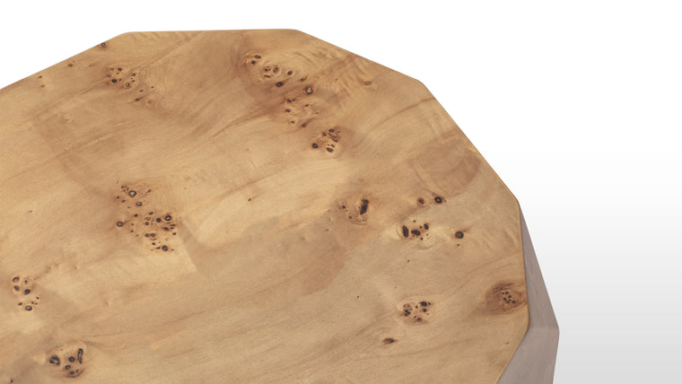 Beautiful Burl Wood | What truly sets the Callie Side Table apart is its unparalleled burl wood veneer finish. This exquisite veneer showcases the natural beauty of the wood, with swirling patterns and intricate grains add depth and character to the table's minimalist design.
