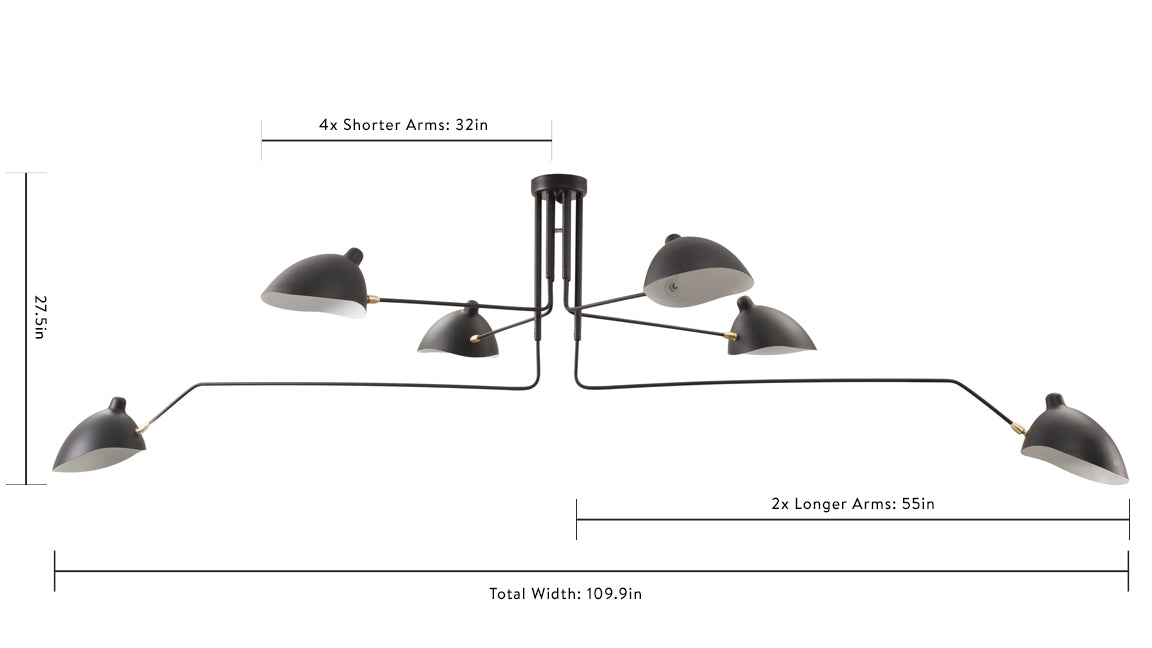 Mouille Ceiling - Mouille Ceiling Light, Six Arms, Black, W110 in